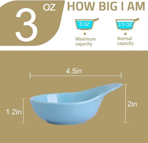 Porcelain Soy Sauce Dish, 3 Ounce Dipping Bowls with Handles for Ketchup, Appetizers, Condiment, Snack, Honey Mustard - Set of 6 (Turquoise, Round)
