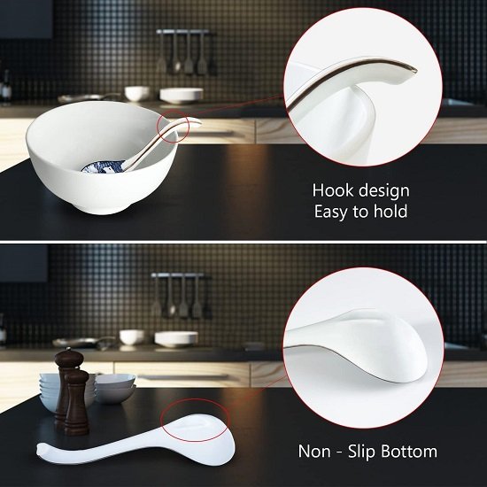 Ceramic Soup Spoon, with Long Handle Easy to Hold, Non-slip Bottom, for Japanese Ramen, Chinese Wonton, Dumplings, Pho, Noodle Soup Spoons, Set of 4